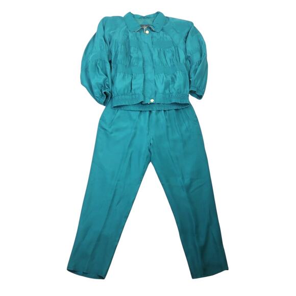 Vintage 90s Chili Pepper Teal Green Ruched Silk Track Suit Set L - Picture 2 of 7
